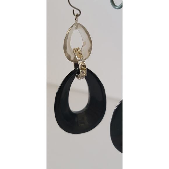 Vintage 1980s Black and White Dangle Earrings with Rhinestone Accents - Picture 5 of 14